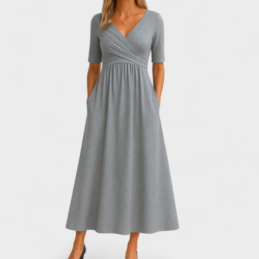 Effortless Wrap Maxi Dress for Women with V Neck Short Sleeve Fit And Flare Pocket Casual Style