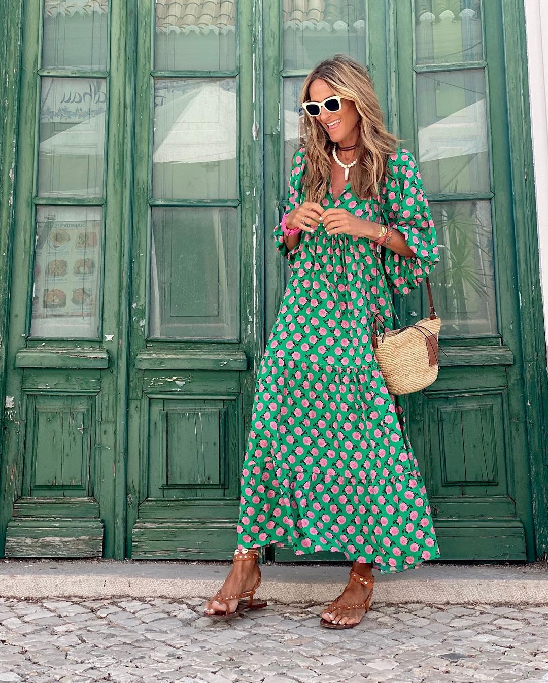 Effortless Floral Maxi Dress for Women with V Neck Balloon Sleeve Tiered Ruffle Bohemian Style