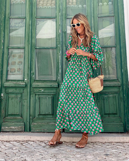 Effortless Floral Maxi Dress for Women with V Neck Balloon Sleeve Tiered Ruffle Bohemian Style