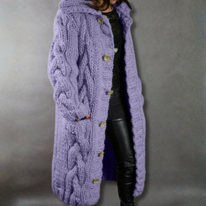 Comfortable Cable Knit Long Cardigan for Women with Hooded Collar Button Front Oversized Relaxed Style