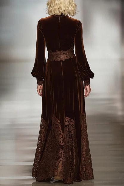 Elegant Brown Velvet Maxi Dress for Women with High Neck Bishop Sleeve Lace Trim Flowing Style