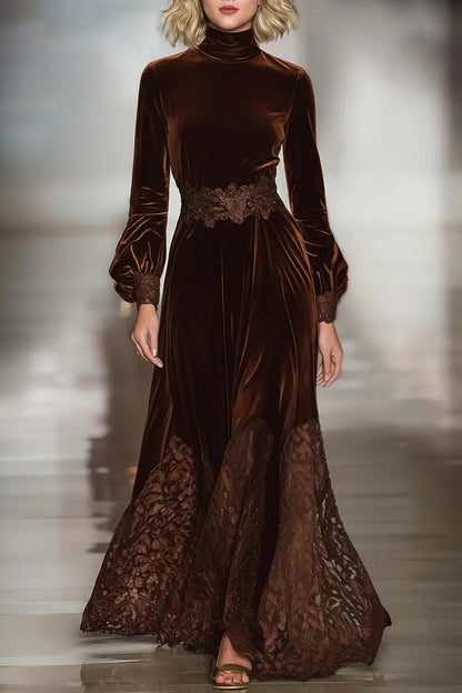 Elegant Brown Velvet Maxi Dress for Women with High Neck Bishop Sleeve Lace Trim Flowing Style
