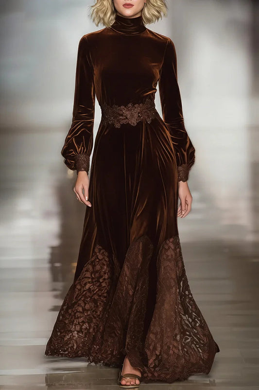 Elegant Brown Velvet Maxi Dress for Women with High Neck Bishop Sleeve Lace Trim Flowing Style