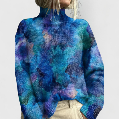 Comfortable Printed Sweater for Women with High Neck Long Sleeve Relaxed Oversized Knit Style