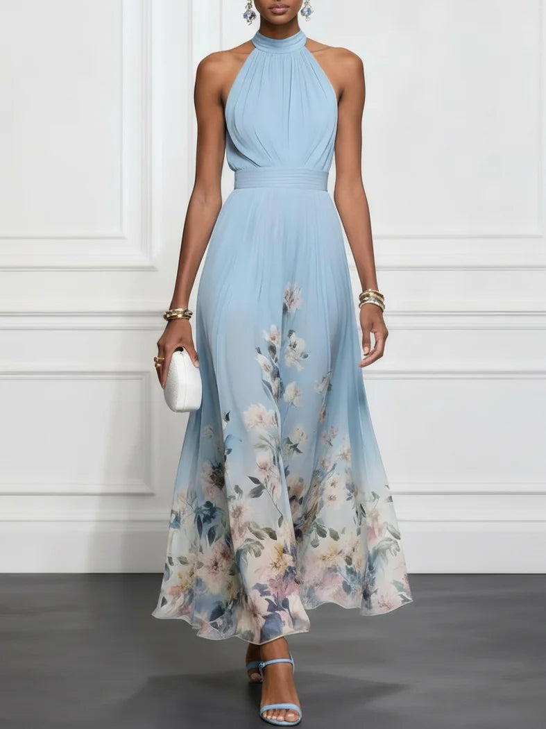 Elegant Blue Floral Maxi Dress for Women with Halter Neck Sleeveless Bow Tie Flowing Wedding Guest Style