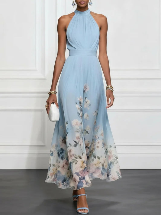 Elegant Blue Floral Maxi Dress for Women with Halter Neck Sleeveless Bow Tie Flowing Wedding Guest Style