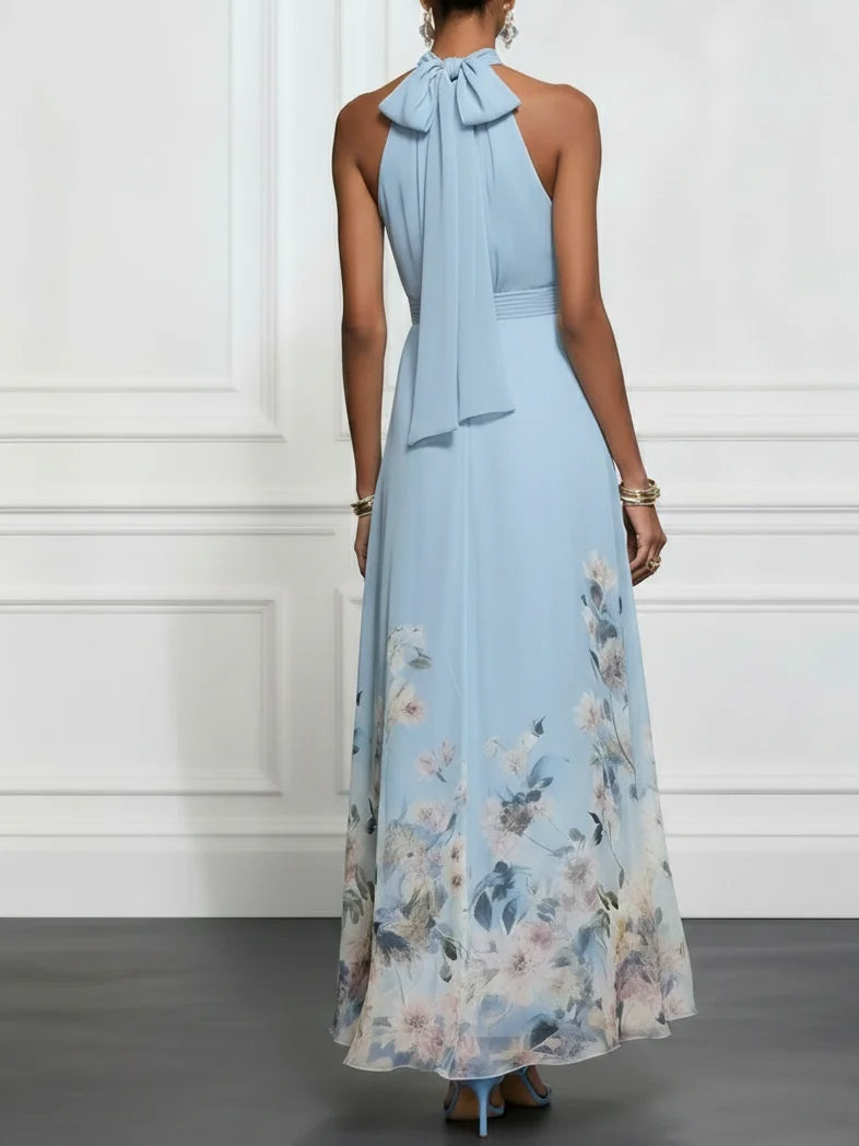 Elegant Blue Floral Maxi Dress for Women with Halter Neck Sleeveless Bow Tie Flowing Wedding Guest Style