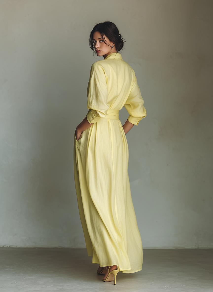 Effortless Yellow Linen Maxi Dress for Women with V Neck Elbow Sleeve Belted Wrap Flowing Style