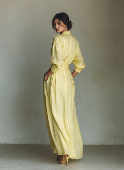 Effortless Yellow Linen Maxi Dress for Women with V Neck Elbow Sleeve Belted Wrap Flowing Style