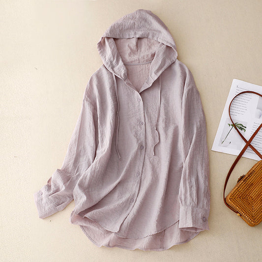 Effortless Linen Hooded Shirt for Women with Drawstring Long Sleeve Button Front Curved Hem Casual Style