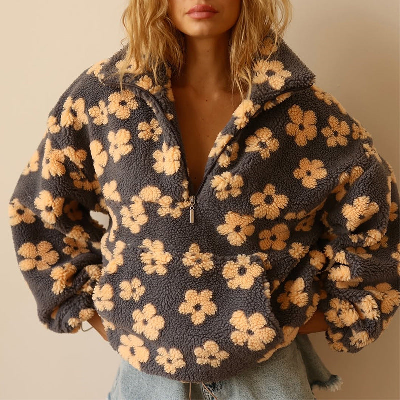 Effortless Floral Sherpa Jacket for Women with Collar Long Sleeve Half Zip Oversized Casual Style