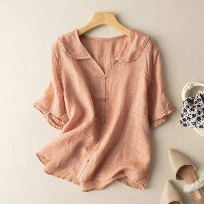 Effortless Linen Blouse for Women with Peter Pan Collar Short Sleeve Button Front Relaxed Style