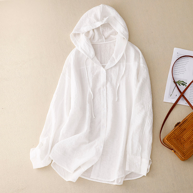 Effortless Linen Hooded Shirt for Women with Drawstring Hood Long Sleeve Curved Hem Relaxed Style