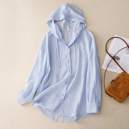 Effortless Linen Hooded Shirt for Women with Drawstring Hood Long Sleeve Curved Hem Relaxed Style