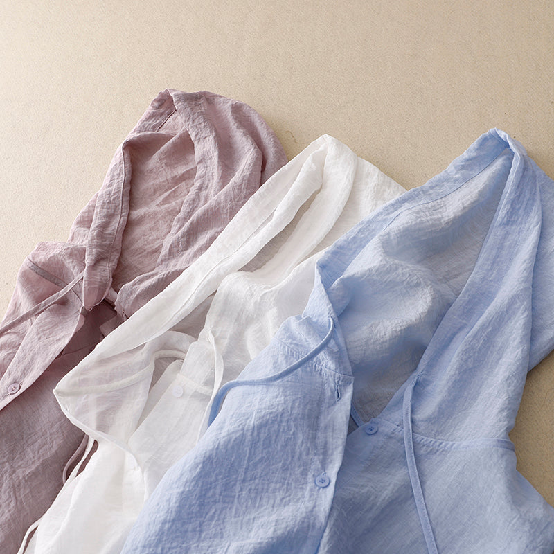 Effortless Linen Hooded Shirt for Women with Drawstring Long Sleeve Button Front Curved Hem Casual Style