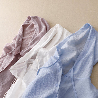 Effortless Linen Hooded Shirt for Women with Drawstring Long Sleeve Button Front Curved Hem Casual Style