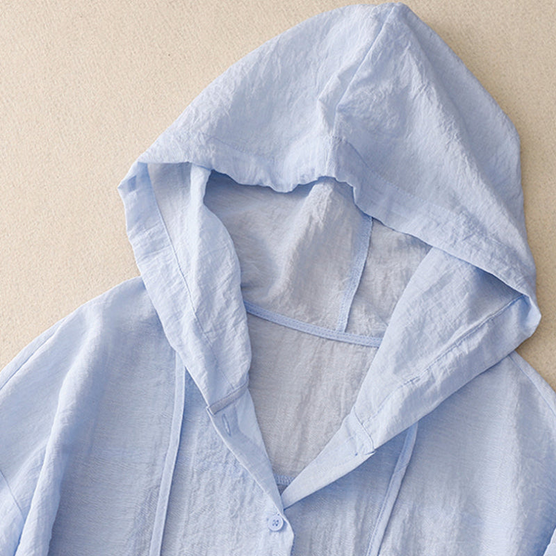 Effortless Linen Hooded Shirt for Women with Drawstring Long Sleeve Button Front Curved Hem Casual Style
