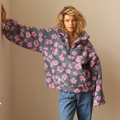 Effortless Floral Sherpa Jacket for Women with Collar Long Sleeve Half Zip Oversized Casual Style
