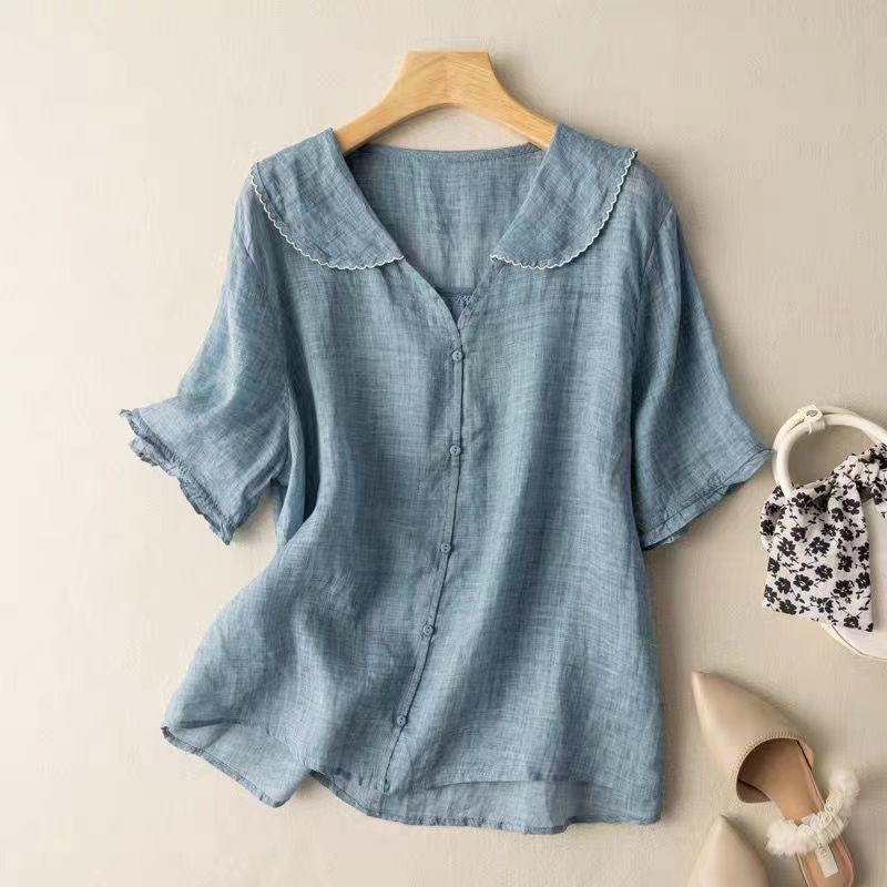 Effortless Linen Blouse for Women with Peter Pan Collar Short Sleeve Button Front Relaxed Style