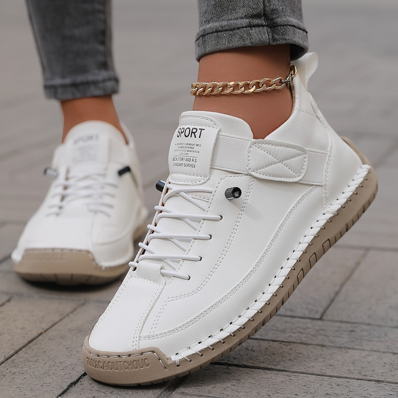 Comfortable Leather Sneaker for Women with Lace Up Velcro Strap Stitched Casual Style