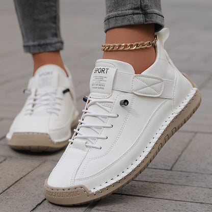 Comfortable Leather Sneaker for Women with Lace Up Velcro Strap Stitched Casual Style