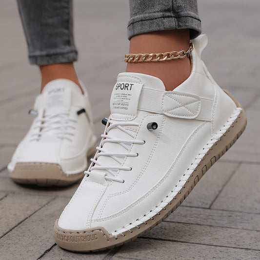Comfortable Leather Sneaker for Women with Lace Up Velcro Strap Stitched Casual Style