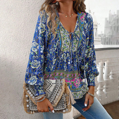Effortless Floral Blouse for Women with V Neck Long Sleeve Smocked Cuff Bohemian Style
