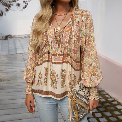 Effortless Floral Blouse for Women with V Neck Long Sleeve Smocked Cuff Bohemian Style