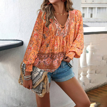 Effortless Floral Blouse for Women with V Neck Long Sleeve Smocked Cuff Bohemian Style