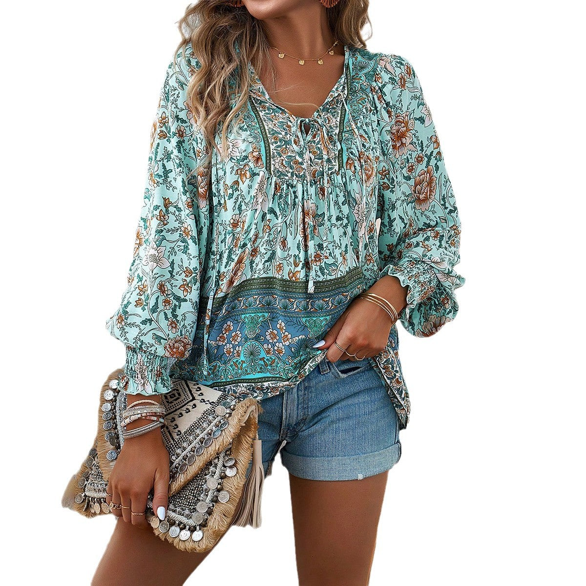 Effortless Floral Blouse for Women with V Neck Long Sleeve Smocked Cuff Bohemian Style