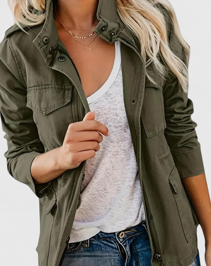 Effortless Utility Jacket for Women with Stand Collar Long Sleeve Snap Button Flap Pocket Casual Style