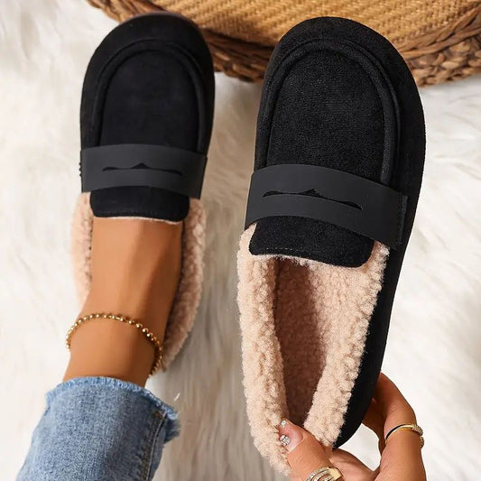 Comfortable Slippers for Women with Faux Shearling Lining Suede Look Moccasin Slip On Style