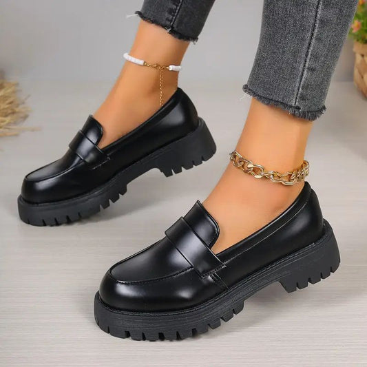 Comfortable Black Loafers for Women with Chunky Lug Sole Penny Strap Slip On Platform Style