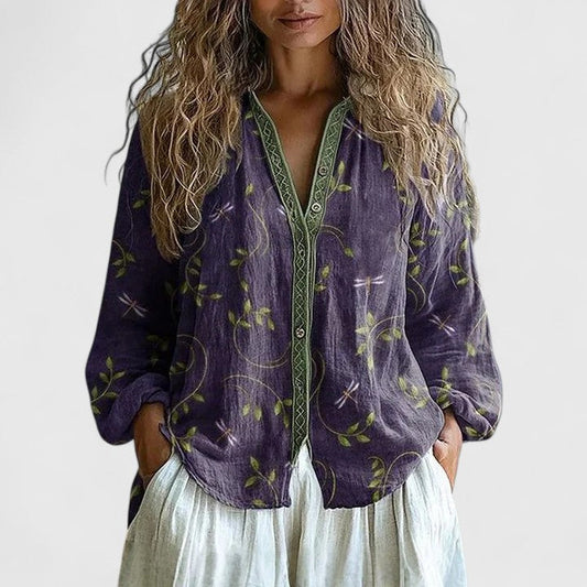 Effortless Floral Linen Blouse for Women with V Neck Balloon Sleeve Crochet Trim Bohemian Style