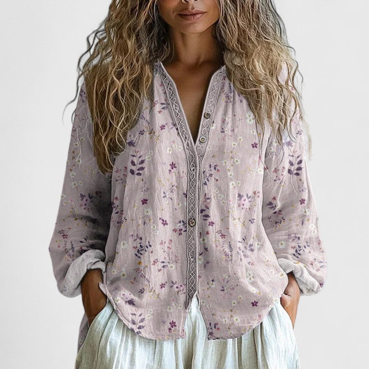 Effortless Floral Linen Blouse for Women with V Neck Balloon Sleeve Crochet Trim Bohemian Style