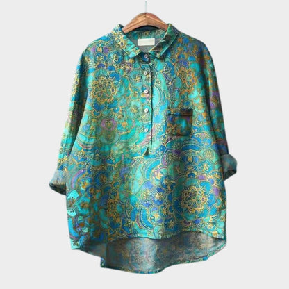 Effortless Floral Linen Blouse for Women with Collar Long Sleeve Button Front High Low Relaxed Style
