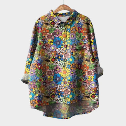 Effortless Floral Linen Blouse for Women with Collar Long Sleeve Button Front High Low Relaxed Style