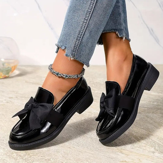 Comfortable Loafers for Women with Bow Detail Patent Finish Low Block Heel Slip On Style