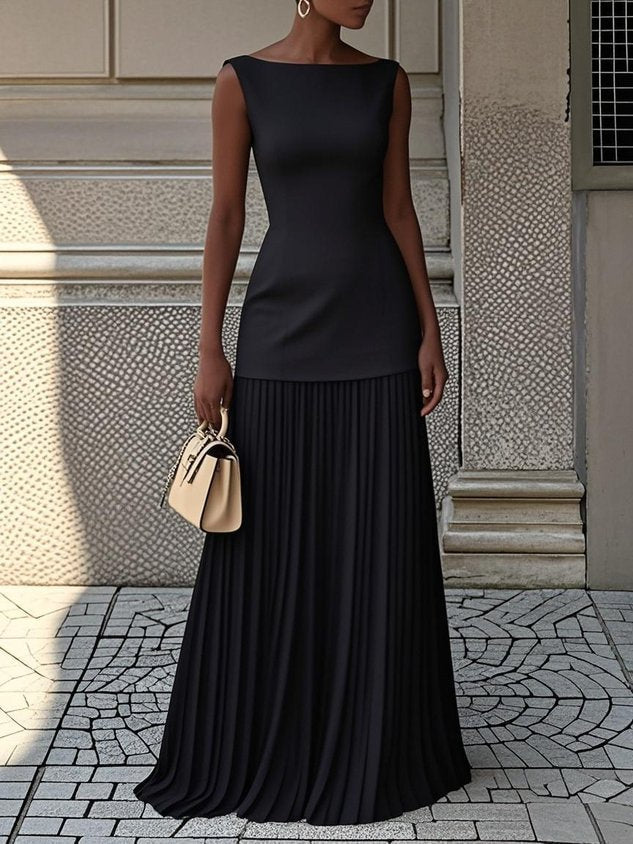 Elegant Pleated Maxi Dress for Women with Boat Neck Sleeveless Fitted Bodice Flowing Formal Party Style