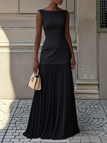 Elegant Pleated Maxi Dress for Women with Boat Neck Sleeveless Fitted Bodice Flowing Formal Party Style