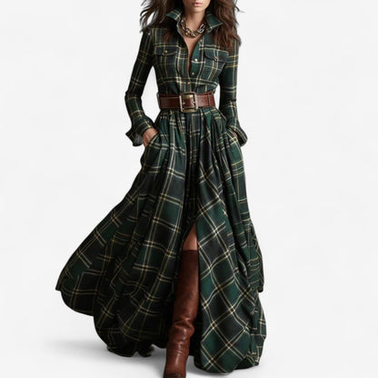 Elegant Plaid Maxi Dress for Women with Collar Long Sleeve Belted Button Front Flowing Style