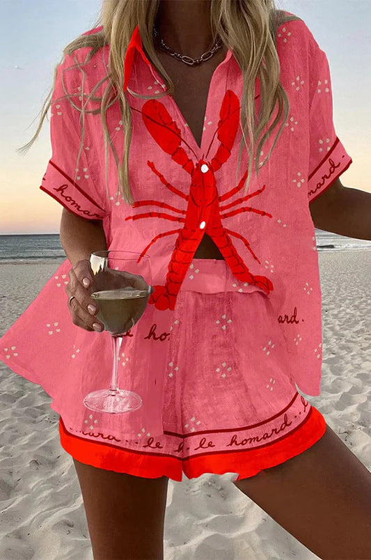 Effortless Pink Lobster Print Two Piece Set for Women with Collar Short Sleeve Button Front Beach Style