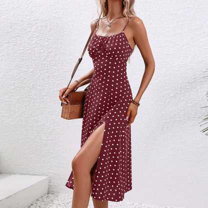 Effortless Polka Dot Midi Dress for Women with Scoop Neck Spaghetti Strap Side Slit Bohemian Style