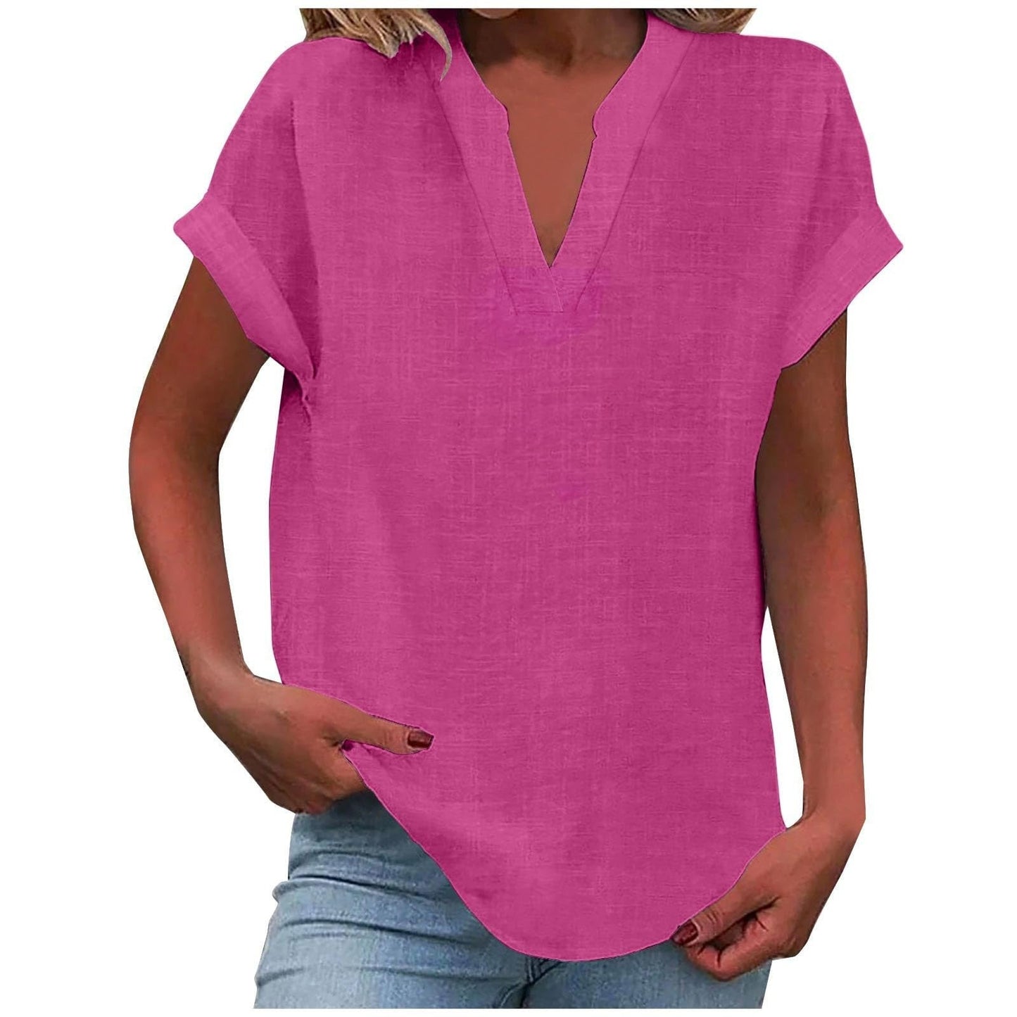 Effortless Linen Blouse for Women with V Neck Short Sleeve Relaxed Tunic Style
