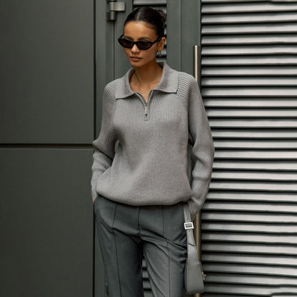Comfortable Ribbed Sweater for Women with Collared Long Sleeve Half Zip Relaxed Oversized Knit Style