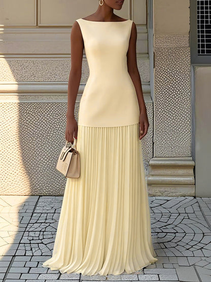 Elegant Pleated Maxi Dress for Women with Boat Neck Sleeveless Fitted Bodice Flowing Formal Party Style