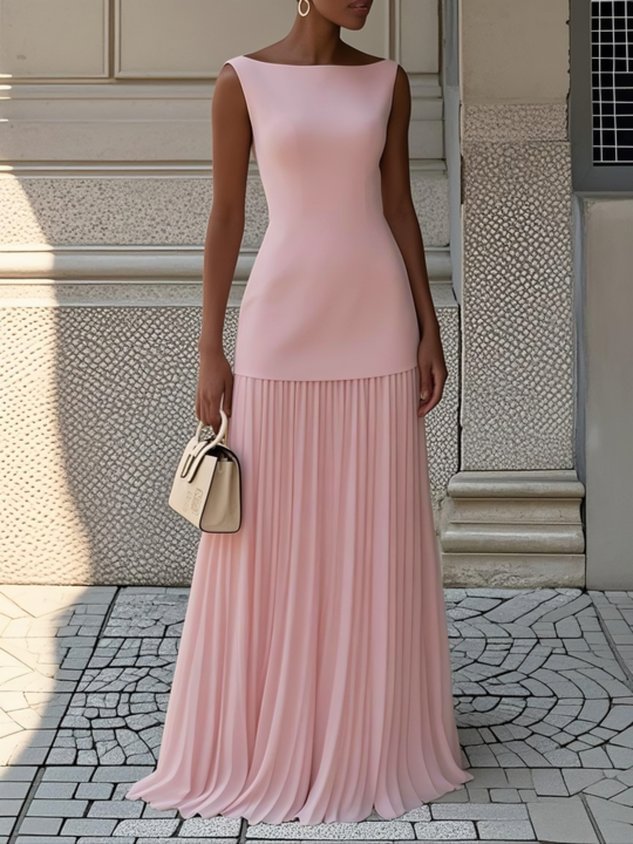 Elegant Pleated Maxi Dress for Women with Boat Neck Sleeveless Fitted Bodice Flowing Formal Party Style