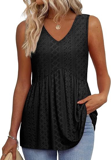Effortless Textured Peplum Tank Top for Women with V Neck Sleeveless Flowing Relaxed Style