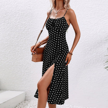 Effortless Polka Dot Midi Dress for Women with Scoop Neck Spaghetti Strap Side Slit Bohemian Style