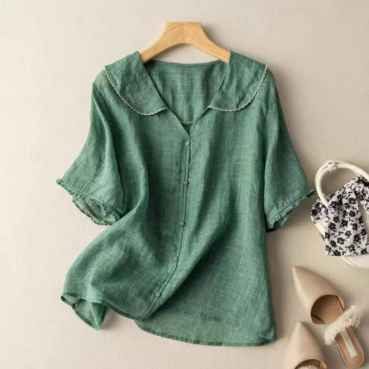 Effortless Linen Blouse for Women with Peter Pan Collar Short Sleeve Button Front Relaxed Style